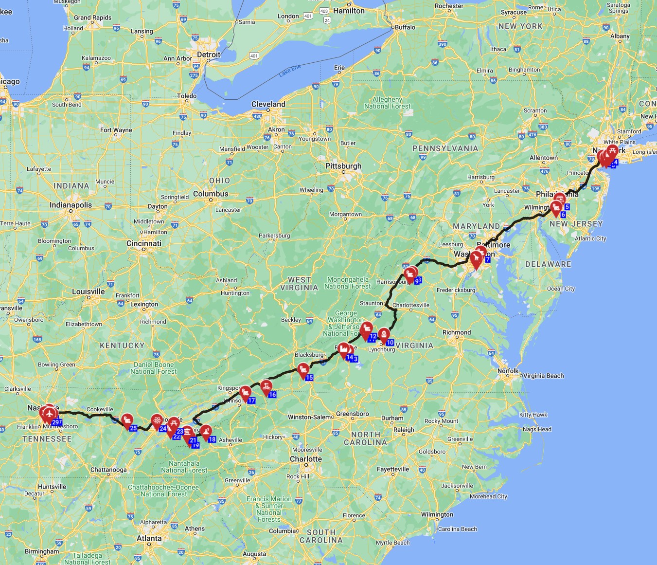 RV Journey in USA from New York to Nashville rout planner RV trip